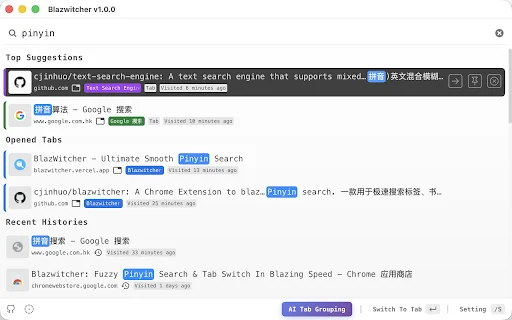 Blazwitcher: Pinakamabilis na Tab Manager at Search Extension - Screenshot 1
